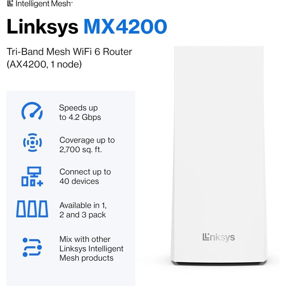 3 nodes - Linksys MX4200 Velop Tri-Band WiFi 6 Mesh Router - 2,700 Sq Ft